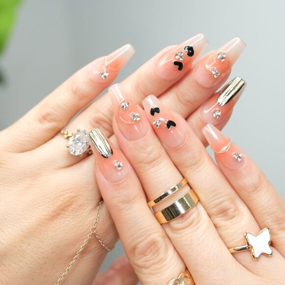 tipsy | Handmade Press On Nails | Coffin Medium | Little Black Hearts - Picture 4 of 16